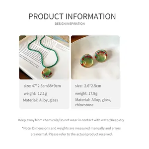 Vintage French style beaded necklace and stud earrings with green glass pendant details