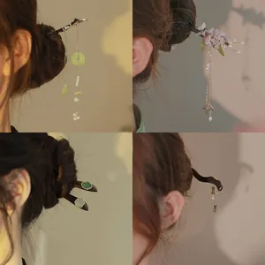 Pic à Cheveux en Bois Vintage Nœud de Bambou Style Chinois Élégante Épingle à Cheveux en Ébène Avec Fleur en Résine Perle Artificielle pour Bijoux Hanfu Femme