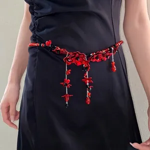 Western Style Glass Beaded Flower Tassel Waist Chain Fashion Exaggerated Red Black Adjustable Belt For Women Party Dress Accessory