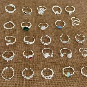 Bague Ouverte Ajustable à la Mode Cœur Carré Zirconia Perle Incrusté Argenté Géométrique Fleur Bague de Doigt Bijoux Femmes