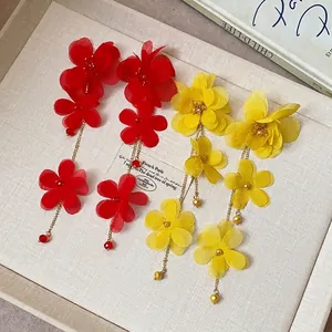 Handmade red and yellow chiffon flower tassel earrings for a sweet bohemian style