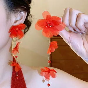 Elegant red chiffon flower long tassel earrings for women with a vacation style.