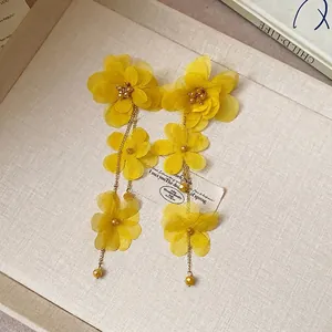 Elegant yellow chiffon flower tassel earrings for women holiday style jewelry