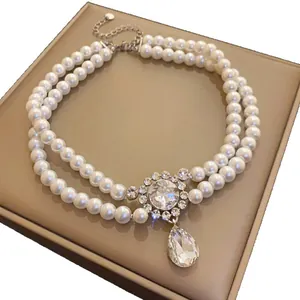 French retro double-layer pearl necklace with elegant crystal teardrop pendant