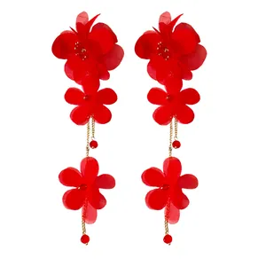 Red chiffon flower drop earrings with gold tassel chains for vacation style