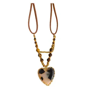 Maillard style tiger eye bead necklace with leopard print heart pendant sweater chain
