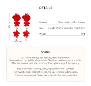 Detailed infographic of red chiffon flower tassel earrings with size and weight info