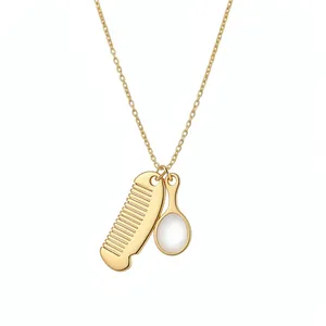 Elegante collana d'oro con ciondoli unici a forma di pettine e specchio in stile coreano