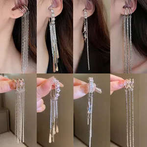 Fashion Silver Geometric Tassel Ear Clips Alloy Artificial Pearl Rhinestone Dangle Earrings For Women Lightweight Luxury Jewelry
