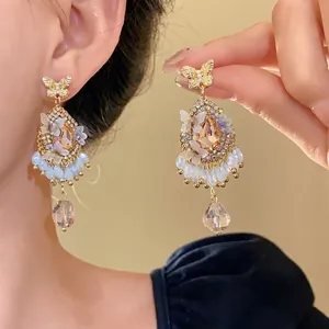Boucles d'Oreilles Clous Gland Goutte d'Eau Papillon Style Palais Vintage Alliage Strass Avec Tige en Argent Pour Femmes