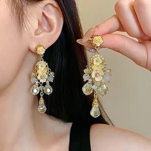 Korean Style Floral Tassel Drop Earrings With 925 Sterling Silver Earring Post Artificial Pearl Rhinestone Forest Jewelry For Women