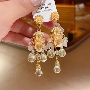 Elegant cream floral dangle earrings with pearls and faceted crystals, 925 silver needle