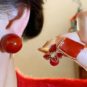 Vintage Ancora red resin stud earring and flower ring set with s925 silver needles