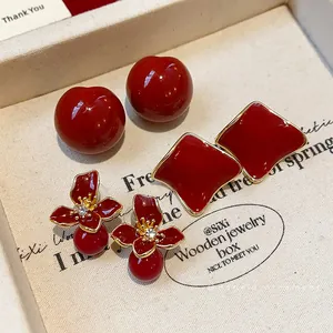 Elegant Anchora red resin stud earrings set with 925 silver needles for fashion women