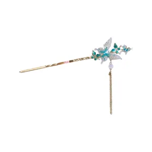 Elegante bastoncino per capelli stile antico con farfalla blu e nappina lunga