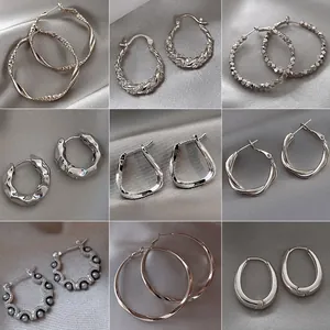 Vintage Alloy Hoop Earrings With 925 Sterling Silver Earring Post Rhinestone Artificial Pearl Geometric Twisted Jewelry Women
