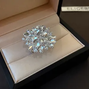 Elegant silver-toned flower ring set with sparkling clear crystals in a premium gift box