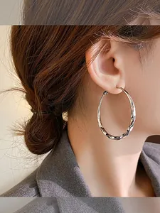Silver twisted hoop earrings for women, minimalist large circle jewelry style