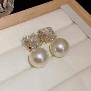 Elegant French style square crystal and white pearl drop earrings with silver needle