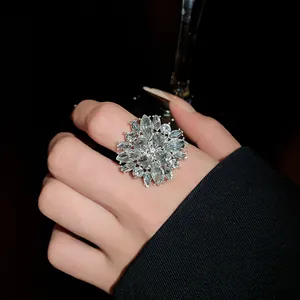 Detailed close-up of a large sparkling flower statement ring with white rhinestones