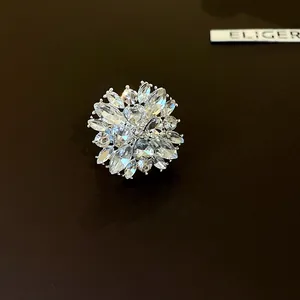 Detailed macro view of a silver floral ring encrusted with sparkling clear crystals