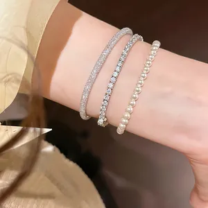 Elegant French style layered zircon mesh bangle and pearl strand bracelet set for women