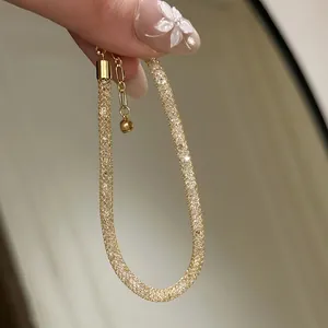 Elegant French style gold mesh bracelet filled with sparkling zircons for women jewelry