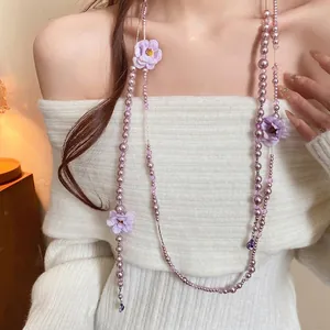 Sweet Purple Artificial Pearl Fabric Flower Tassel Necklace Vacation Style Floral Glass Bead Long Chain Necklace For Women
