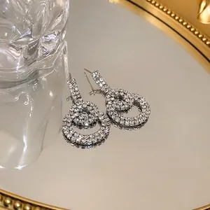 Elegant S925 silver needle double circle rhinestone dangle earrings for women