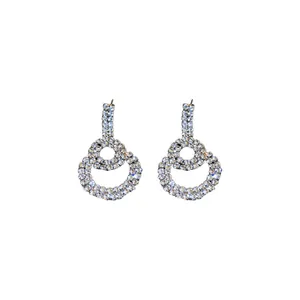 Elegant silver needle dangle earrings with shimmering double circle rhinestone crystals
