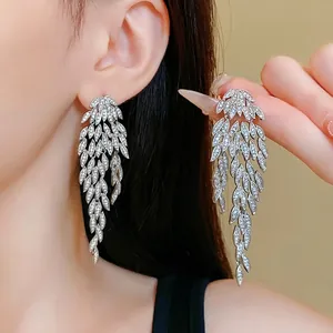 Elegant Copper Zirconia Leaf Fringe Long Drop Earrings For Women Elegant French Style Wedding Party Jewelry Gift
