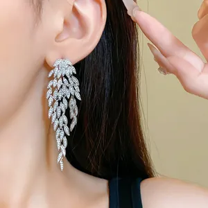 Elegant silver-tone leaf tassel drop earrings with sparkling zircon micro-pavé detail