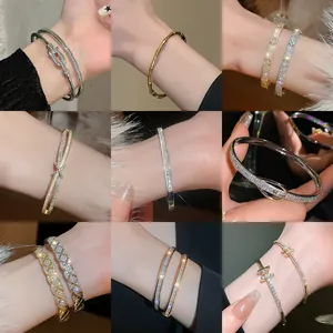 Gold Plated Titanium Steel Bamboo Joint Bangle For Women Luxury Zirconia Inlaid Horseshoe Clover Roman Numeral Open Bracelet