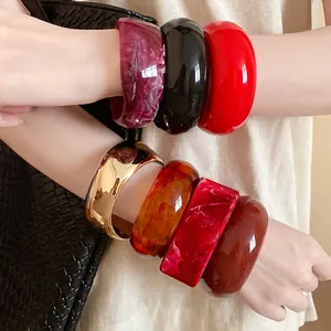 Minimalist Resin Geometric Round Open Bangle Vintage Marble Pattern Wide Bracelet For Women Daily Fashion Jewelry Gift