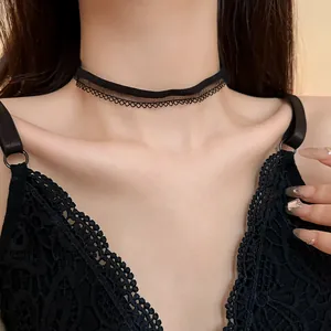 Detailed view of an elegant black lace mesh choker necklace showing intricate patterns