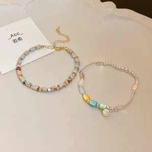 Fashion Multicolor Cylinder Elastic Bracelet Minimalist Alloy Beaded Bracelet Artificial Pearl Charm Hand Chain For Women