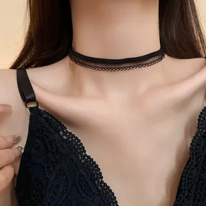 Detailed close-up showing the intricate lace and black mesh choker on a female model's neck