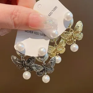 Butterfly Artificial Pearl Stud Earrings With 925 Sterling Silver Earring Post Gold Plated Alloy Fashion Commuting Jewelry For Women