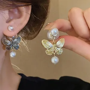 Elegant butterfly pearl earrings with silver needle for women's fashion