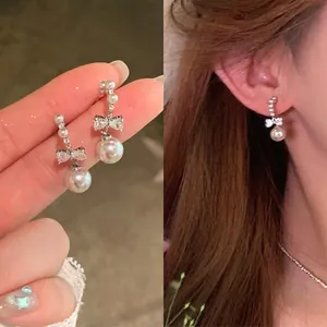 French Elegant Bow Knot Artificial Pearl Stud Earrings With Rhinestone Silver Earring Post Stylish Jewelry Gift For Women