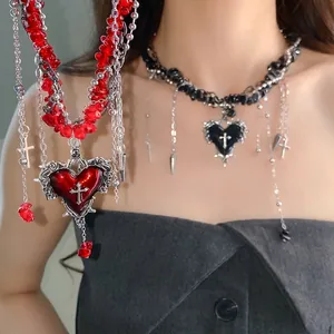 Gothic Heart Cross Pendant Necklace With Irregular Crushed Stone Beads Dark Sweet Cool Style Layered Choker Punk Jewelry For Women Accessories