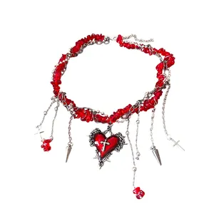 Gothic red stone beaded choker necklace with heart pendant and silver cross charms