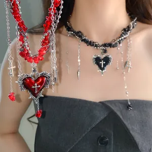 Gothic heart cross necklace with irregular beads and silver chains in black and red colors
