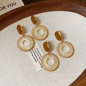 Retro Ethnic Grid Pattern Circle Stud Earrings With 925 Sterling Silver Earring Post Copper Vintage Geometric Fashion Earrings For Women