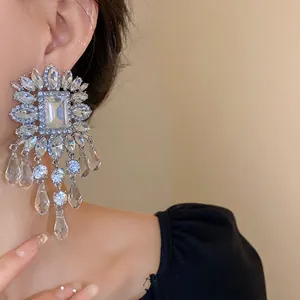 Exaggerated silver needle tassel earrings with square glass rhinestones for women