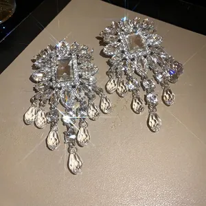 High-end luxury silver needle dangling earrings with square glass beads and crystal tassels