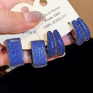 Geometric Blue Zirconia Stud Earrings For Women Copper Inlaid Zirconia Light Luxury Trendy Fashion Jewelry Accessories