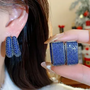 Elegant luxury geometric hoop earrings featuring sparkling blue micro-set zircon stones