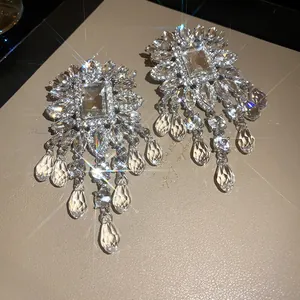 Elegant silver needle square crystal tassel earrings featuring sparkling glass bead dangles