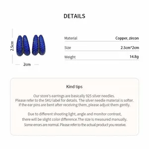 Blue zircon geometric earrings detail showing size, weight, and copper material specs